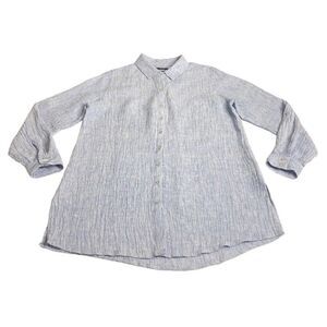 Tahari Top Womens M Blue Linen Tunic Button Roll Tab Lagenlook Coastal Beach